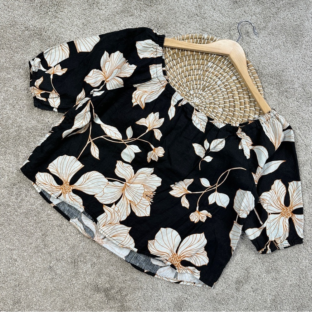 Cynthia Rowley Women’s 100% Linen Off Shoulder Cropped Top Floral Print Black L